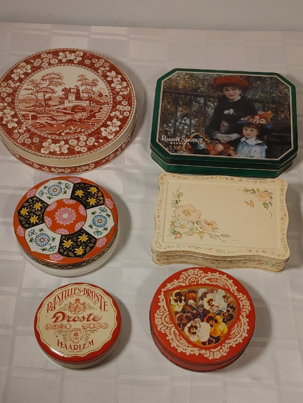 Assorted Decorative Tins - Red, Cream, Green, Multicolor, Most Vintage, Set of 6